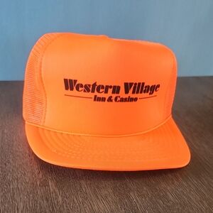Vintage Bright Orange Western Village Trucker Hat